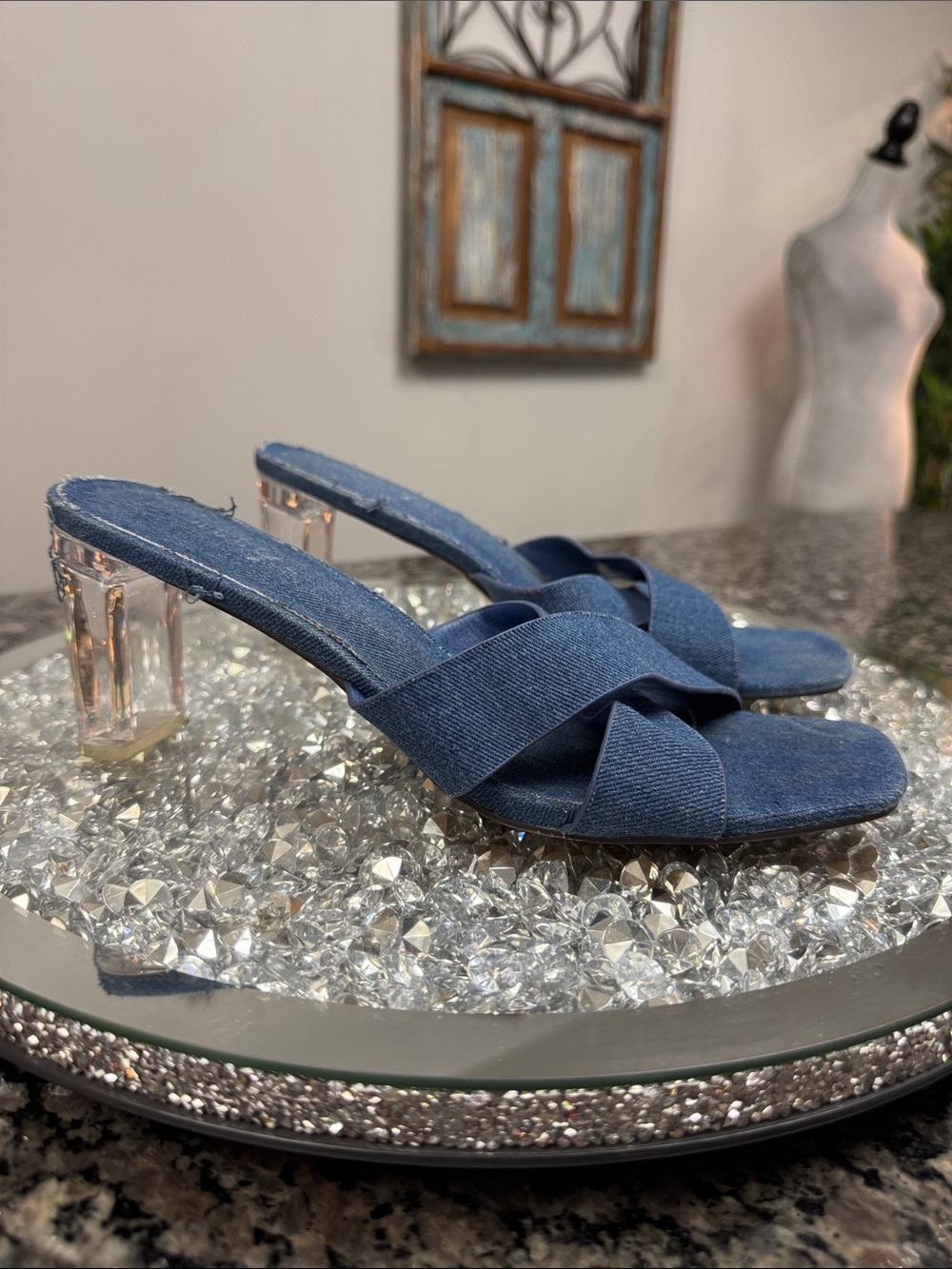 Rouge! Blue Denim Crisscross Clear Block Heel Mules